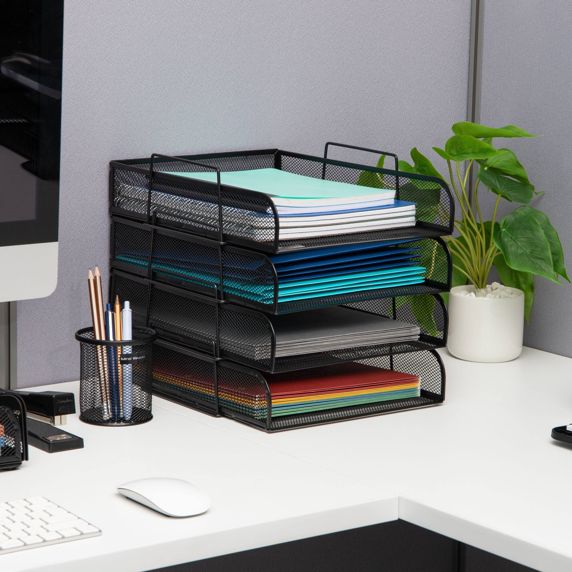 Mind Reader Stackable Paper Tray, Desktop Organizer, File Storage, Office, Metal Mesh, 10.5"L x 13.5"W x 11.25"H, 4 Pcs., Black